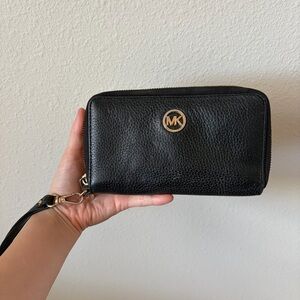 Michael Kors Black Pebbled Leather Wristlet Wallet with Gold Logo